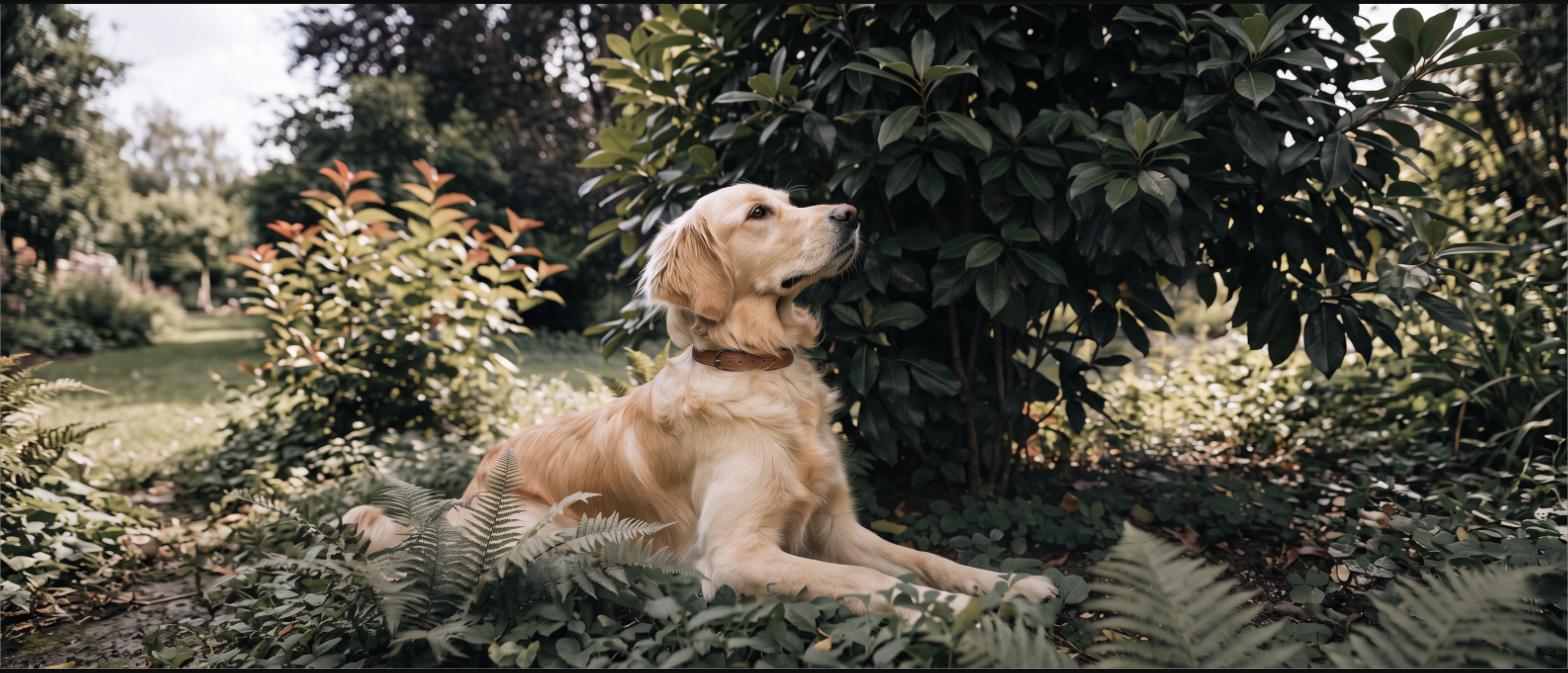 Golden retriever wearing a slim rolled leather collar in a garden