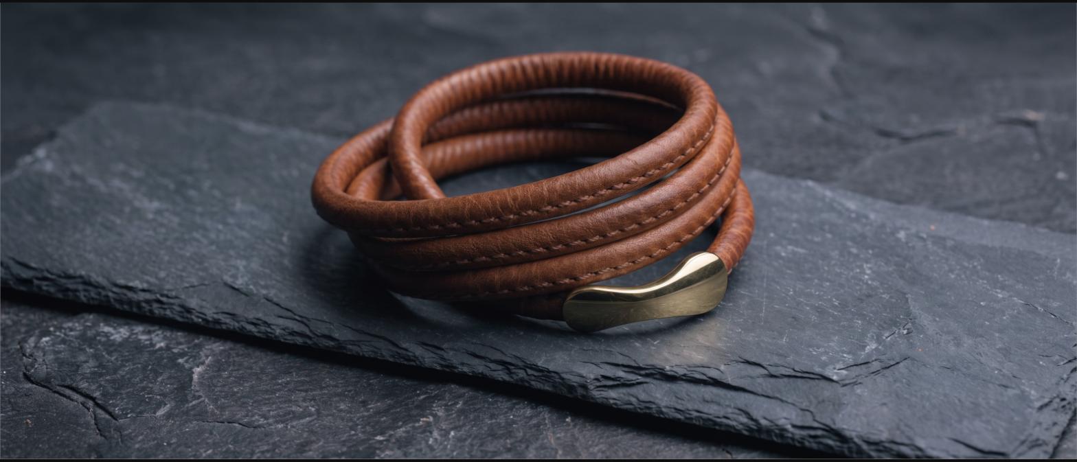 Close-up of round rolled leather with fine stitching and brass hardware
