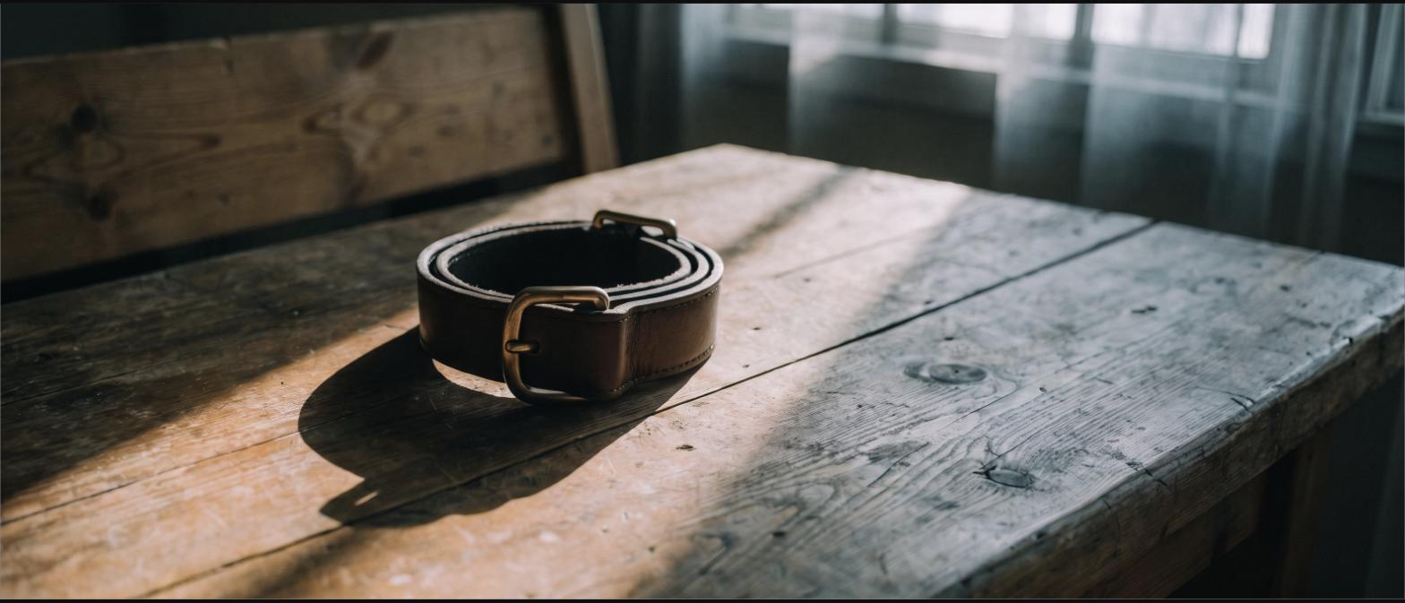 Rolled leather dog collar with a brass buckle coiled on a wooden workbench